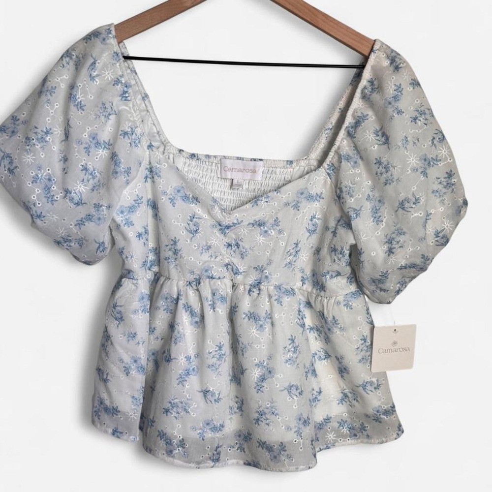 Camarosa Ravenvm Blue White Floral Eyelet Puff Sleeve Smocked Peplum Top Large